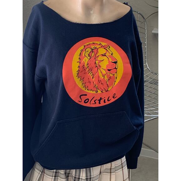 Y2K Solstice lion navy blue off the shoulder sweater sz M - Picture 1 of 6